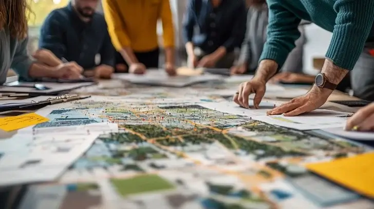 A team of VertiGleam professionals planning a project against a city skyline